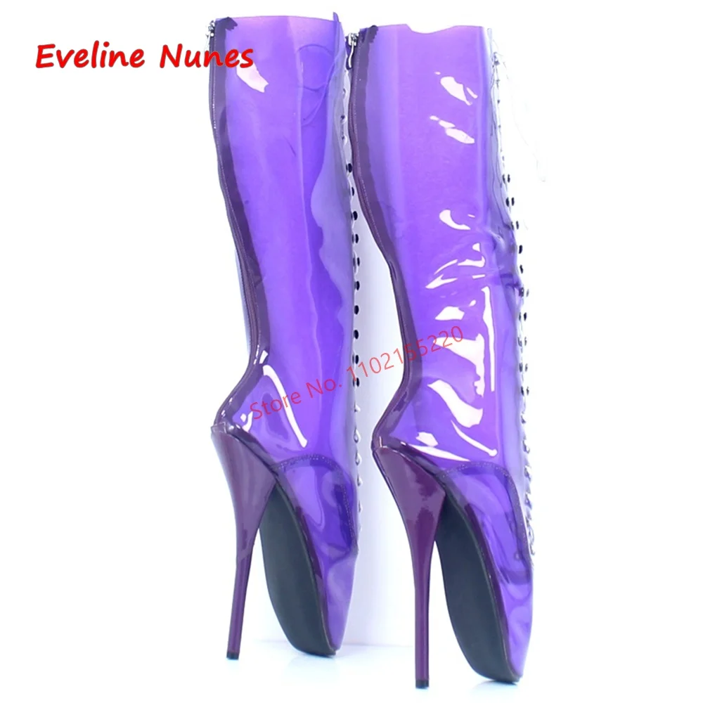 Purple Ballerina Sexy Knee Boots New Arrival Women's Solid Round Toe Super Thin High Heel 18CM Fashion Transparent Shoes