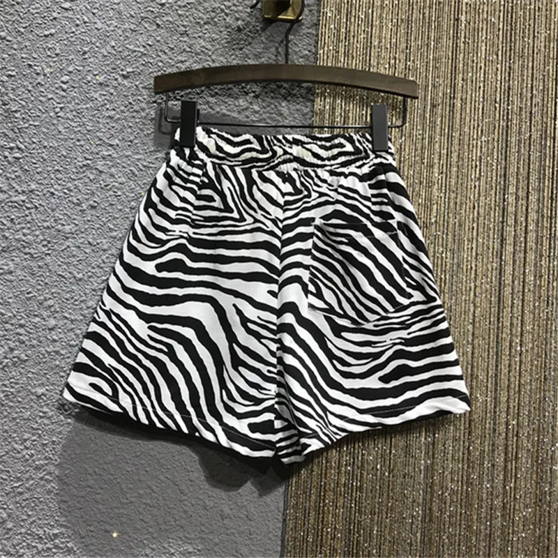 Zebra Print Shorts Women Streetwear Fashion Loose High Waist Wide Leg Pants Female Elastic Waist Casual Summer Shorts 2022 New