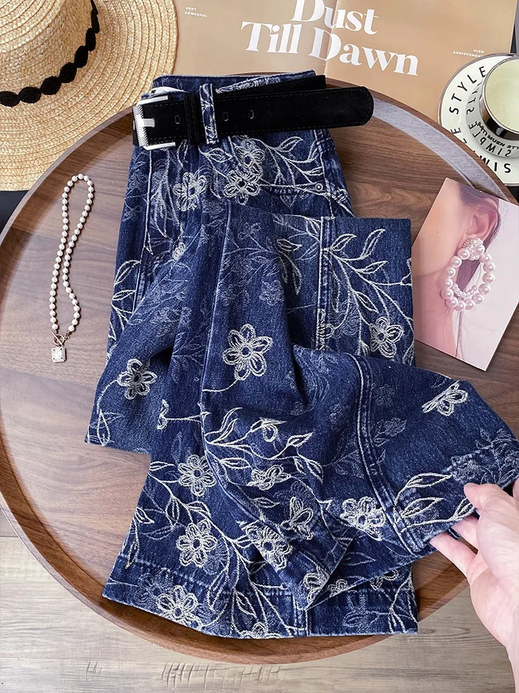 

Новые весенне-осенние модные повседневные брендовые женские прямые джинсы больших размеров с вышивкой для девочек