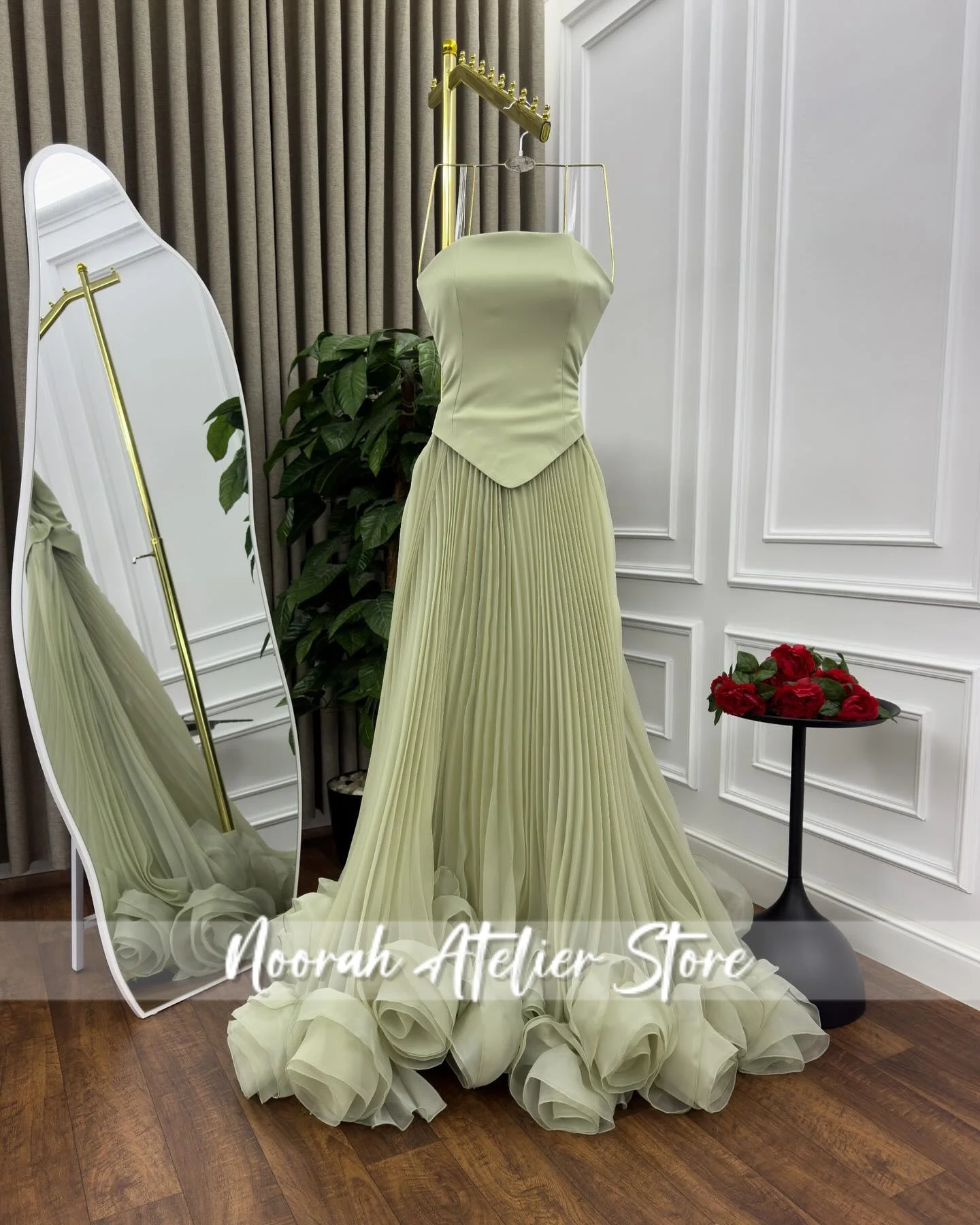 Sage สีเขียว Strapless ดูไบพิเศษ Tulle รถไฟชุดราตรี 2025 ชุดแต่งงานพรหมชุด FBساتة อย่างเป็นทางการชุดที่กําหนดเอง