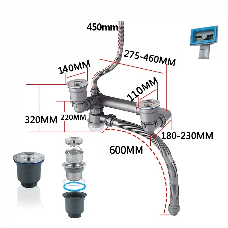 Against Wall 304 Stainess Steel Kitchen Sink Drainer Kitchen Drain Pipe Wash Basin Drain Double Sink Drainer With Drain Pipe Kit