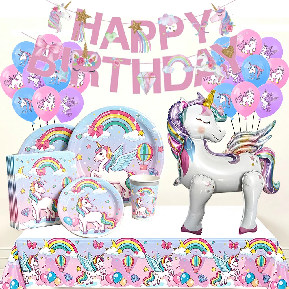 Lila Einhorn Geburtstagsdekorationen Einhorn Folienballon Teller Servietten Tassen Laser Regenbogen Strohhalme für Mädchen Einhorn Themen Party – Detail 1