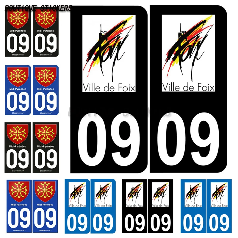 

2Pcs Fine plaque d'immatriculation française autocollant noir bleu09 Foix logo 09 Midi-Pyrénées - Armoiries Autocollants voiture