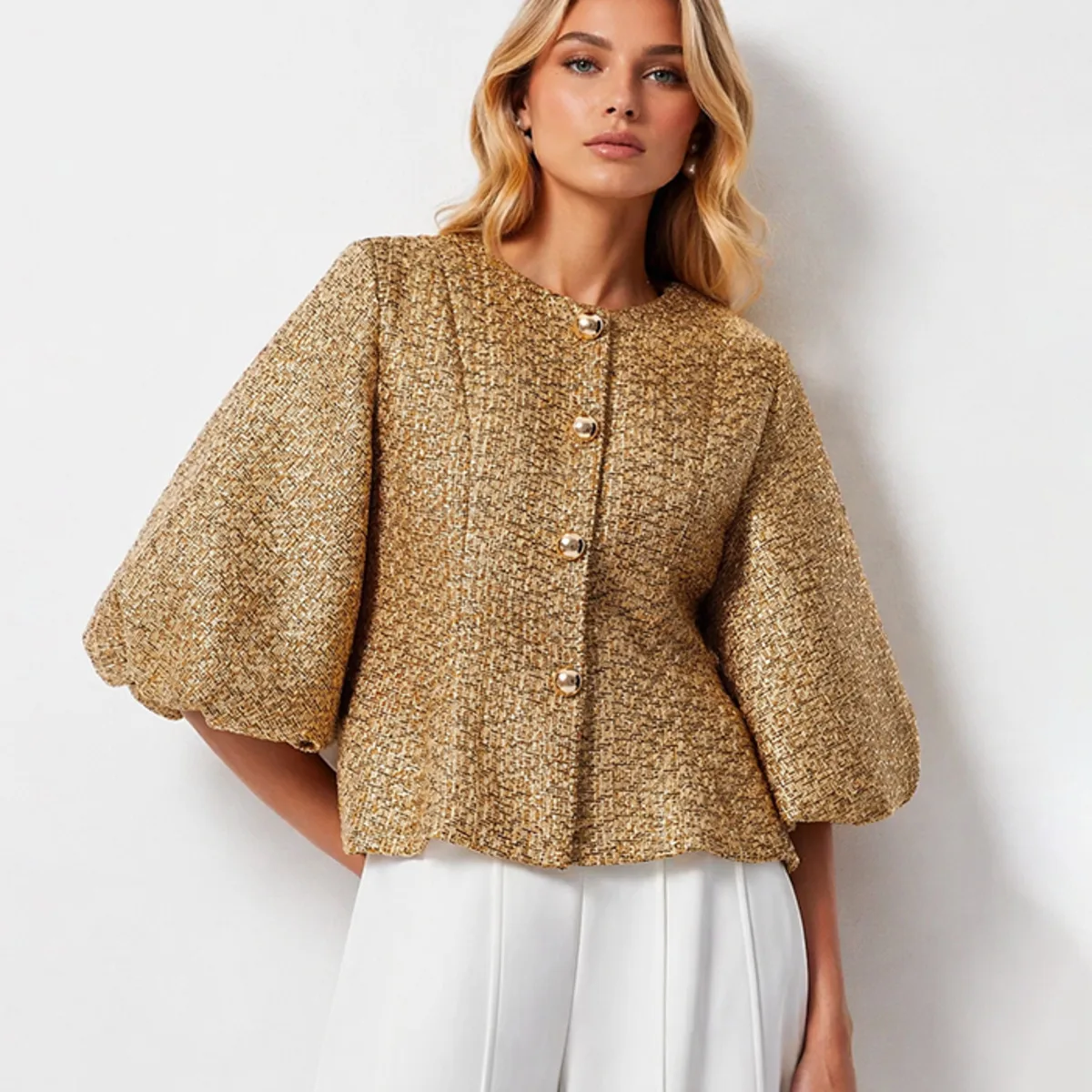 IG  Gold Spliced Sequins Temperament Jackets for Women Round Neck Half Sleeves Tunic Patchwork Single Brasted Jacket Female