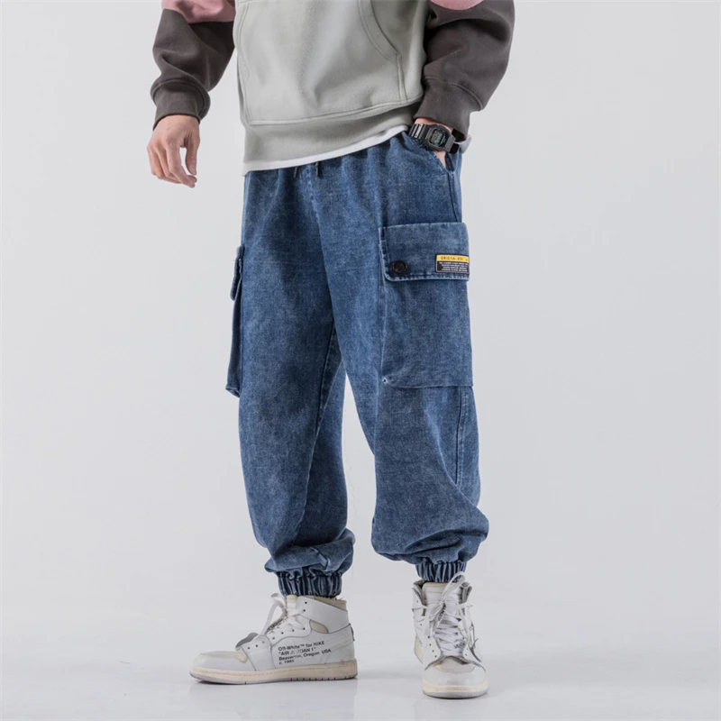 2024 Spring New Men's Casual Harem Jeans Loose Washed Denim Trousers Pants Elastic Waist Jogging Pants Men