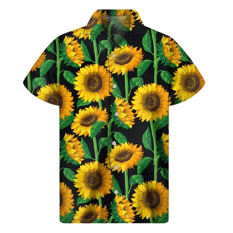 

3d Plants Sunflower Print Hawaiian Shirt For Men Classic Short Sleeve Summer Vacation Shirts Men's Breathable Aloha Shirt Tops
