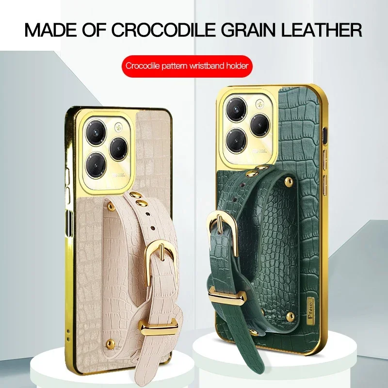 

With Wristband Wrist Strap Crocodile PU Leather Soft Phone Case for Infinix HOT 40 Pro 50i Anti-Drop Stand Cover Silicone Cases