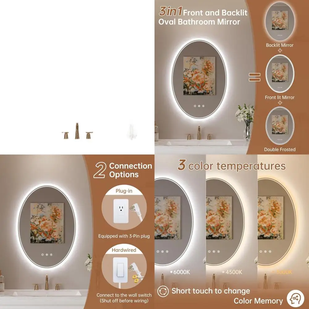 

20x28 Inch Oval LED Bathroom Mirror with Fogless, Dimmable, 3-Color Changing Lights, IP54, Shatterproof