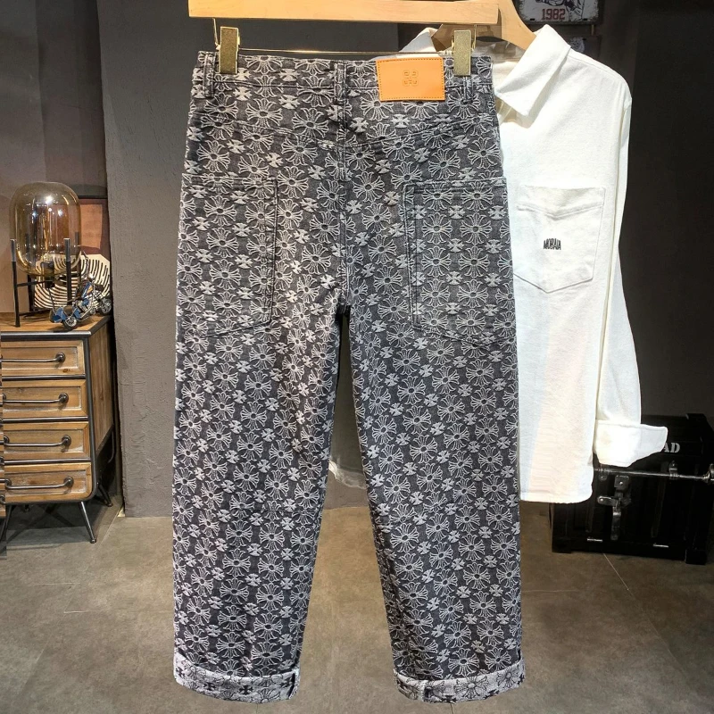 Fashionable Loose Straight Blue Jeans with Print and Check Patterns for Men