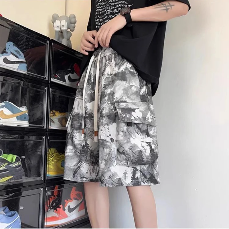 

American Tie Dye Women Cargo Shorts Summer Loose Casual Wide Leg Pants Bf High Waist Streetwear Punk Hip Hop Knee Length Shorts