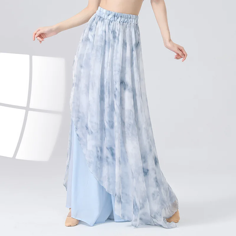2 Layers Skirt Pant Women Modern Classical Dance Culottes Printed Body Rhyme Wide Leg Trousers Loose Elegant Hanfu Chinese