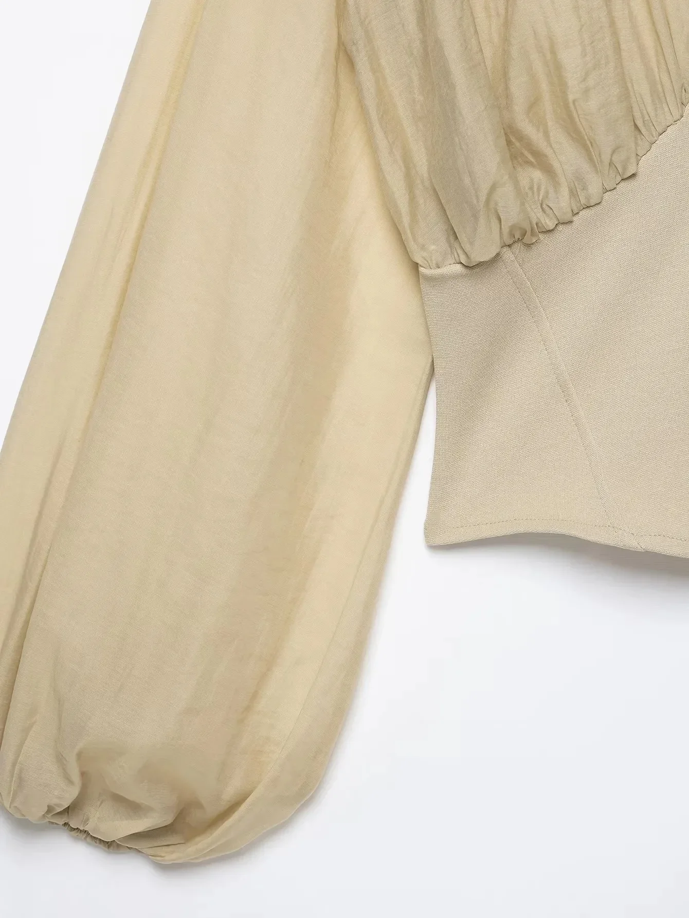 Herbst Damen Beige Korsett Slim Bluse Tiefer V-Ausschnitt Laternenärmel Oberteil Damen Kurzes Korsett-Top Elegantes Sexy Langarm-Damenhemd – Detail 3