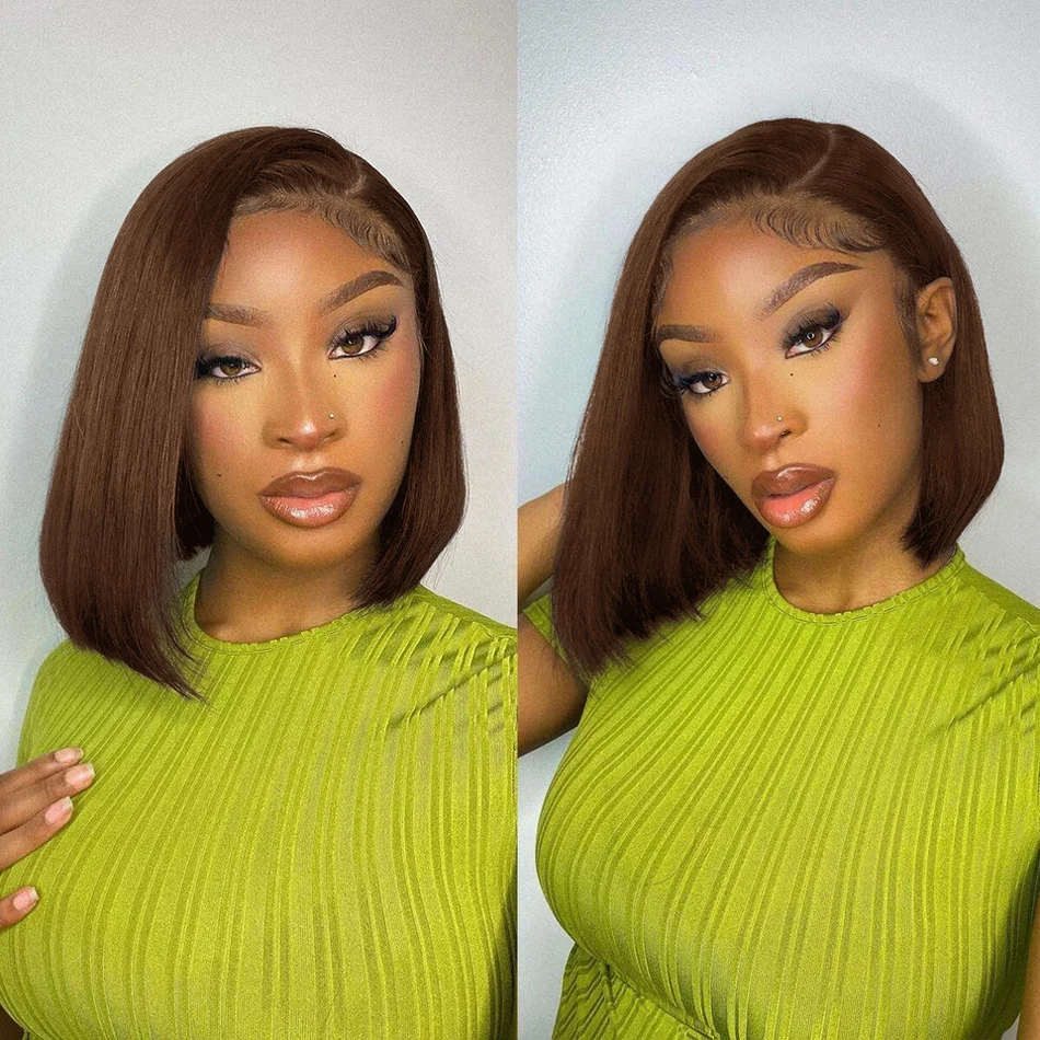 

220% Density Chocolate Brown Short Bob Bone Straight 13x4 HD Transparent Lace Front Wig Preplucked Brazilian 100% Human Hair #4