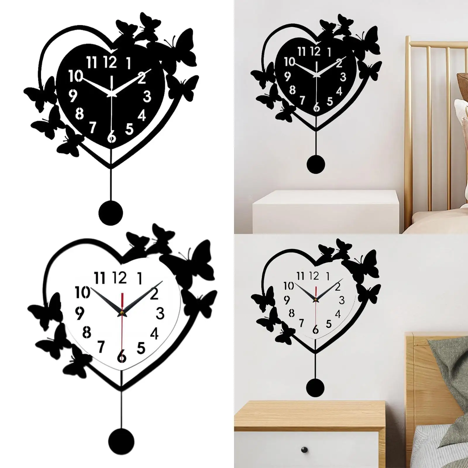 Designer Heart Shaped Wall Clock Acrylic Quiet Non Ticking Butterfly Home Decoration for Living Room Office