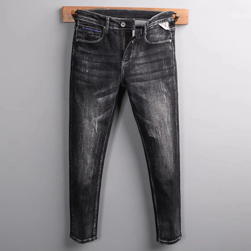 

Y2K Newly Designer Fashion Men Jeans Retro Black Gray Stretch Slim Fit Ripped Jeans Men Embroidery Vintage Denim Pants Hombre