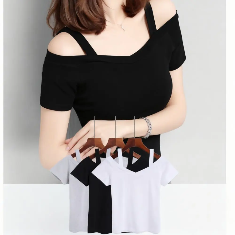 Sexy Summer Women Off Shoulder T Shirt Slim Fit Short Sleeve Tops Korean Style Casual Basic Elegant Fashion Streetwear