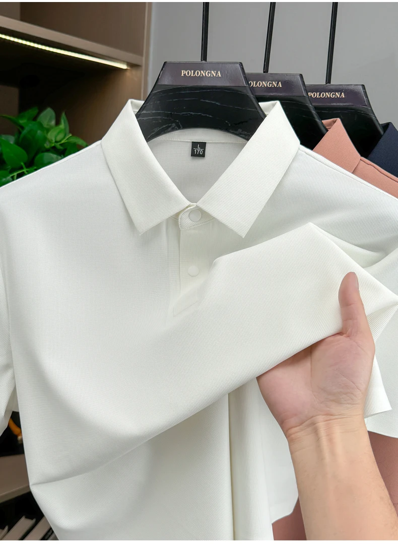 Modisches, einfarbiges Kurzarm-Poloshirt aus luxuriöser atmungsaktiver Eisseide für Herren Sommer Business Casual, bequem, vielseitig, T-Shirt – Detail 21