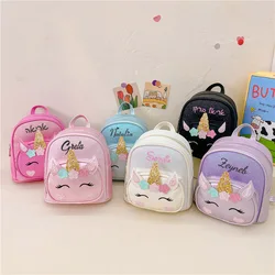 Mochila unicórnio bordada personalizada para crianças, bolsa de escola ao ar livre do plutônio, nome personalizado, desenhos animados bonitos, criança, menina