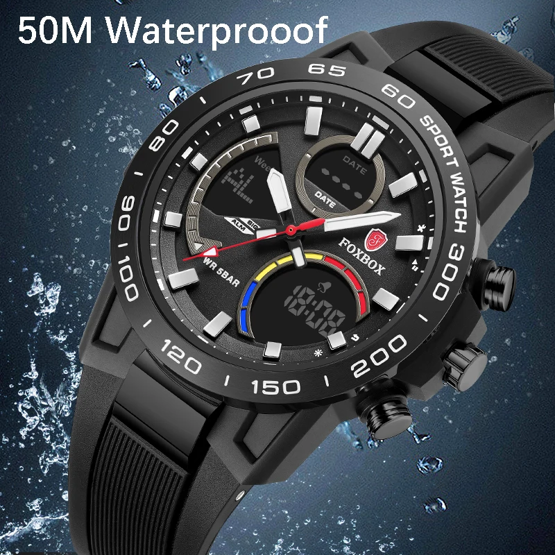 FOXBOX Watches For Men Luxury Digital Chronograph Analog Sport Watches Military Waterproof Wristwatch Man Genuine Silicone Clock