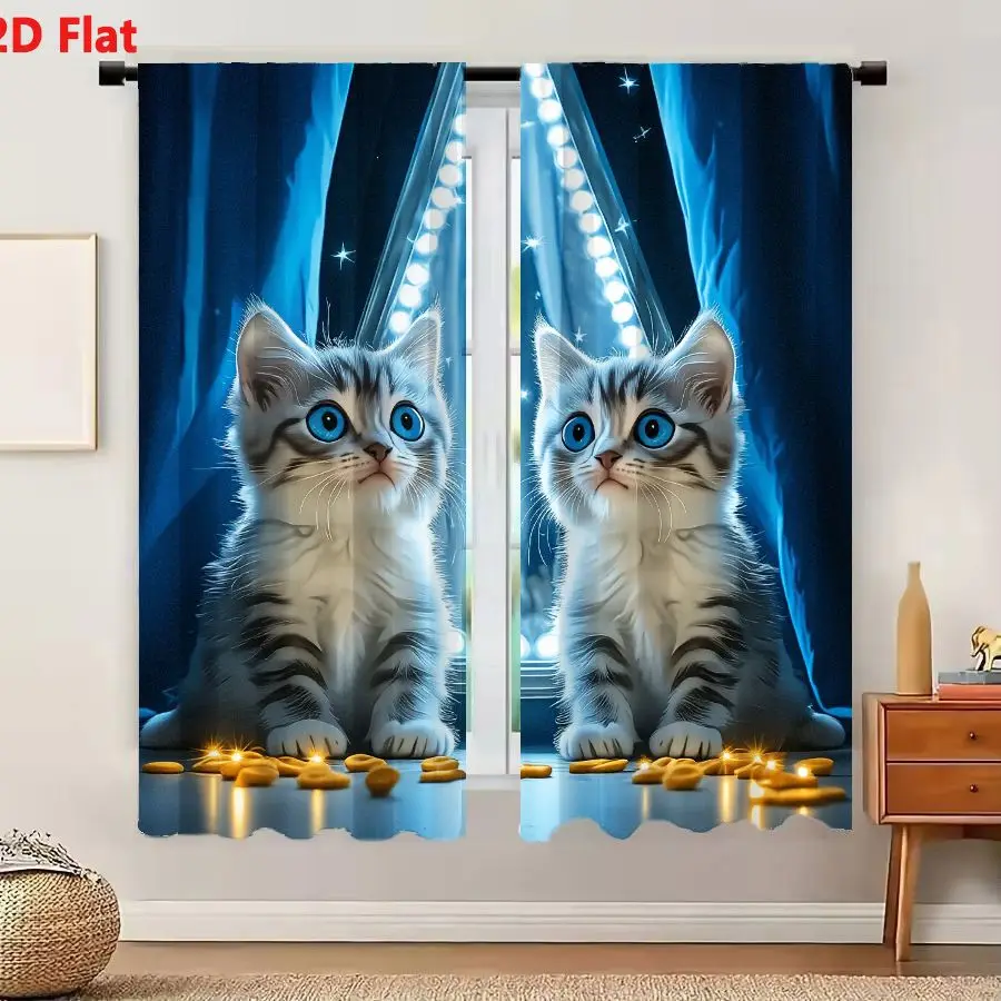 2Pcs Curtains 2D Flat Two Adorable Fluffy Kittens With Striking Blue Eyes On Reflective Surface Amidst Magical Golden Objects An