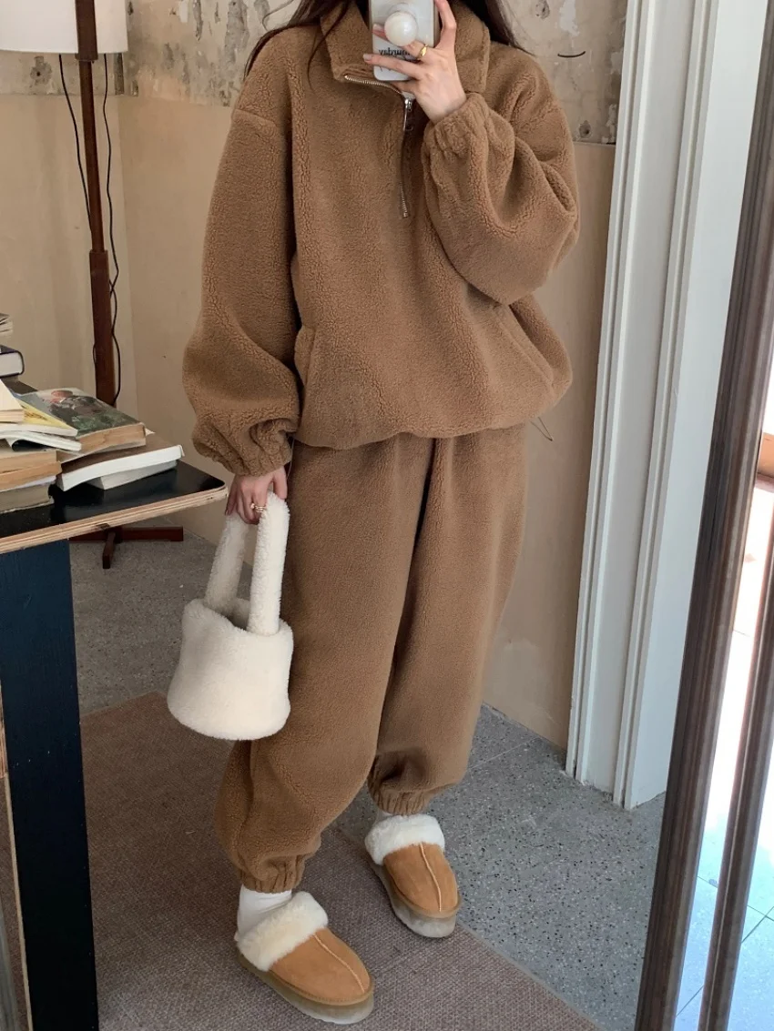 Alien Kitty Fashion Lamb Wool Suits Casual Women Winter Sweatshirts Chic 2025 Loose Pants Daily High Street Warm Soft Suits