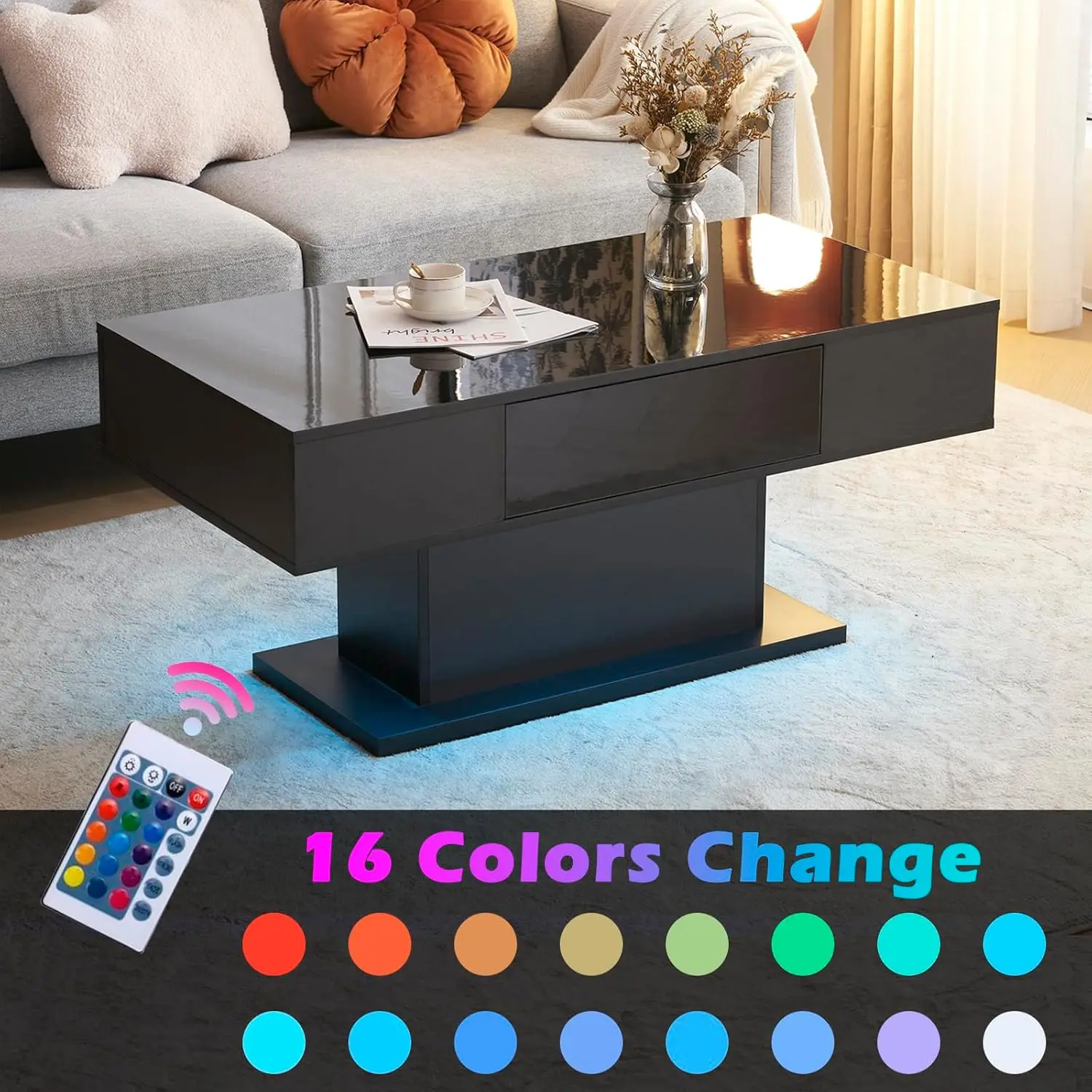 LED Coffee Tables for Living Room, Modern Center Tables with Storage, High Gloss Living Room Tables with 1 Drawer