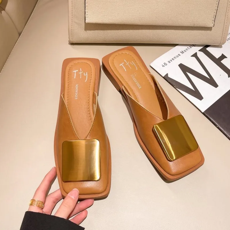 

Maogu Luxury Slides Square Toe Ladies Shoes Summer Fashion Footwear Square Low Heels Shoe Slides Slippers Women 2025 Chain Mules