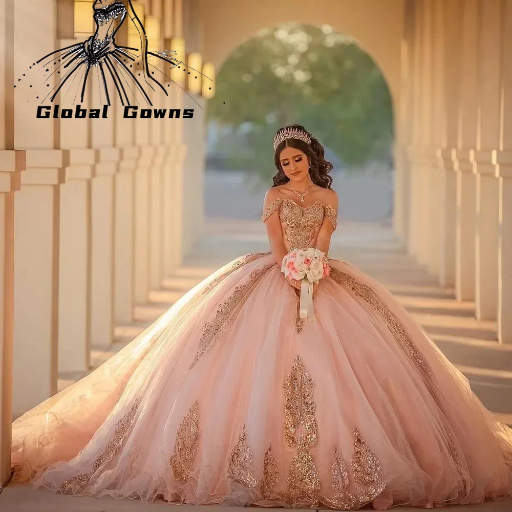 Robe de Quinceanera rose du Mexique avec appliques en dentelle, robe de Rh, robe de princesse Sweet 16, robe de fête d'anniversaire, or rose, 2024, XV