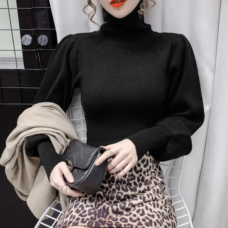 Women\'s Knit Sweater Puff Sleeves Turtleneck Ladies Pullovers Black Wear To Work Original Casual Trend Smooth Hot Sale Winter