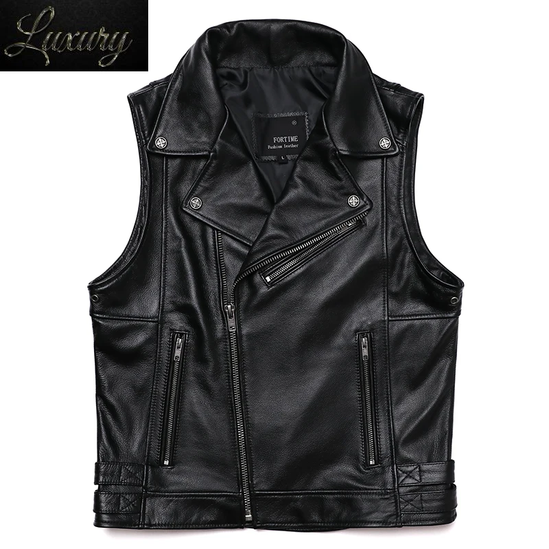 

Classical Motorcycle oblique zipper Genuine Leather Vest Men's REAL Cowhide Sleeveless Jacket Slim Biker Waistcoat Outwear Man