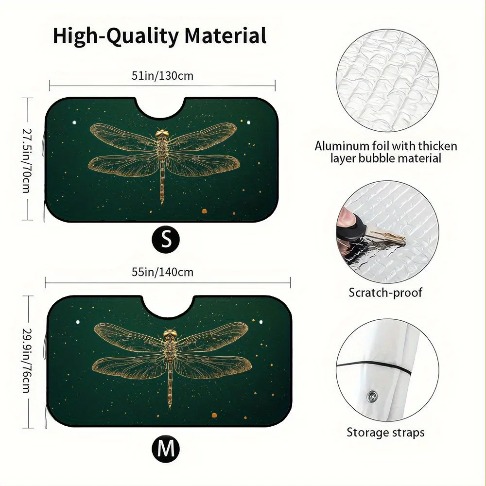 1pc, Golden Dragonfly Green Art Design Car Sun Visor For Windshield, Crafted From Durable, Fits Most Models, Great For Routine D