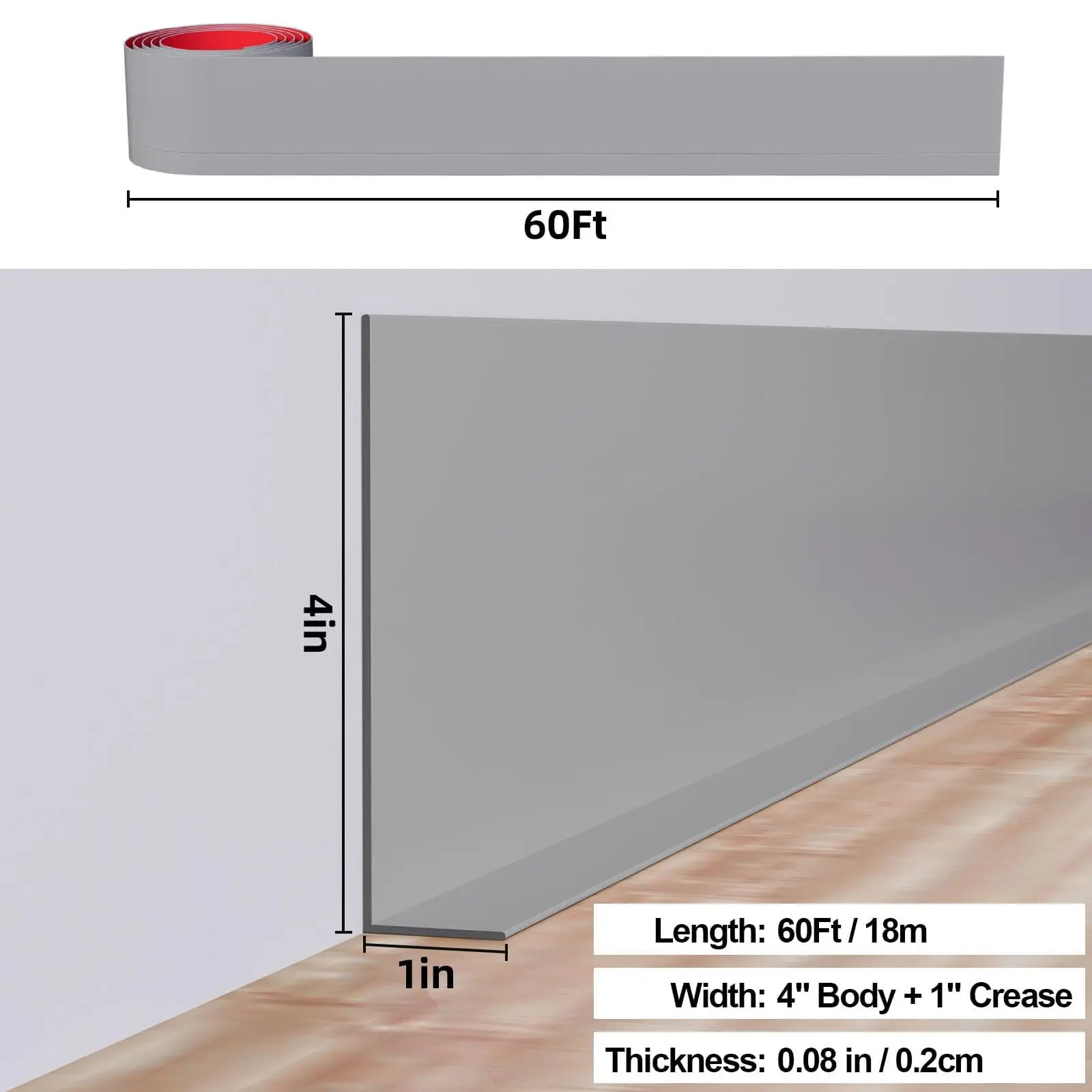 Flexible Baseboard Molding Trim, 5 Inch(W) x 60 Feet(L) Peel and Stick Rubber Wall Trim Molding