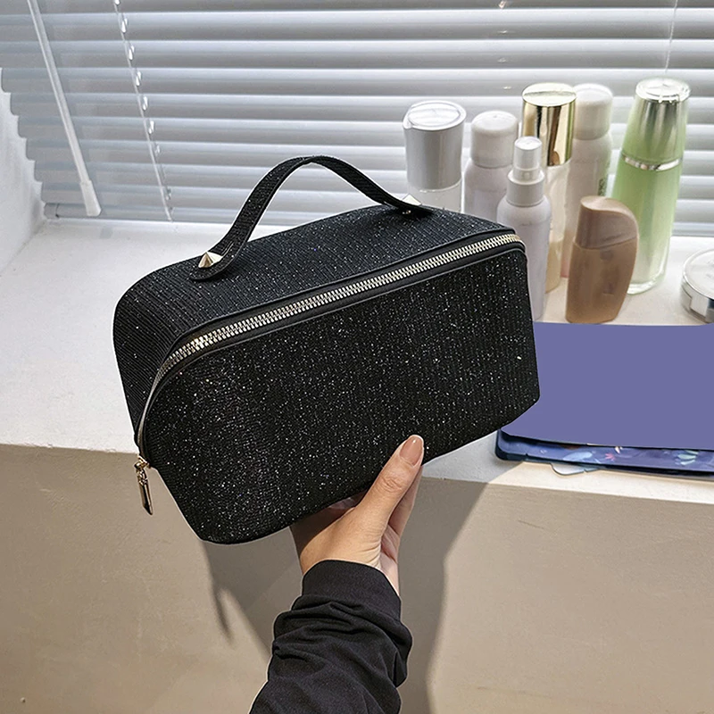 Large-Capacity Makeup Bag PU Leather Portable Travel Wash Cosmetic Bag Toiletries Organizer Stylish Female Handheld Storage Box