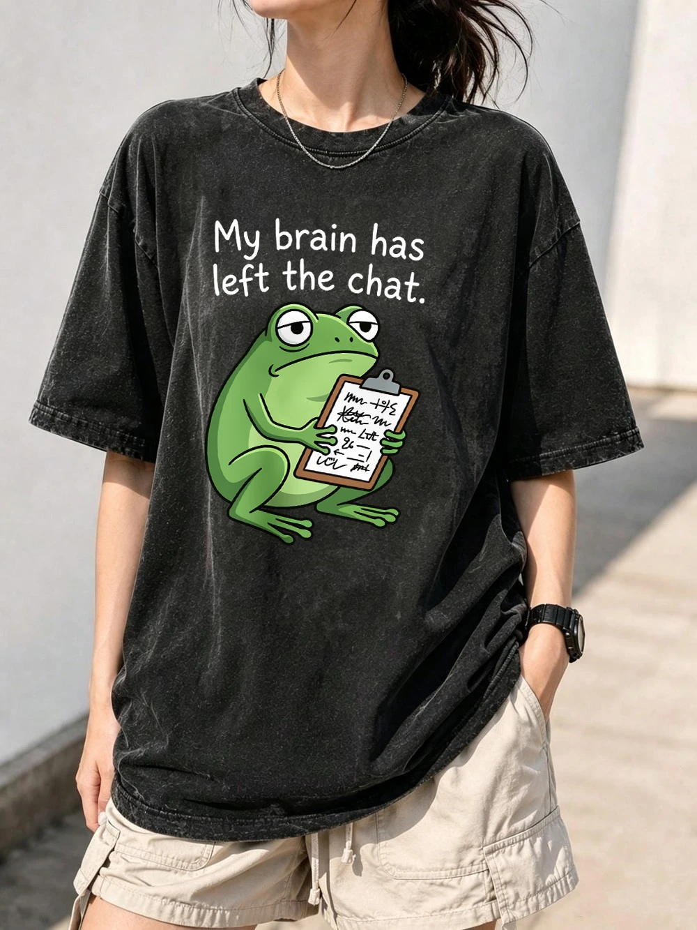 Funny Tired Frog With Notepad Printed Washed T-Shirt Women Oversized Cotton T Shirt Casual O-Neck Distressed Tops Summer Clothes