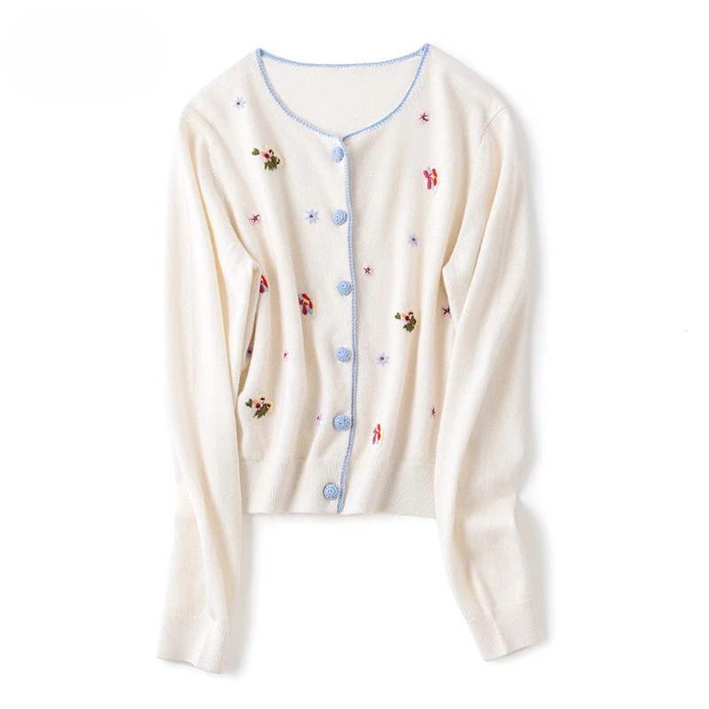 2025 New Pure cashmere women early autumn new arrival round neck fashion handmade embroidered cardigan