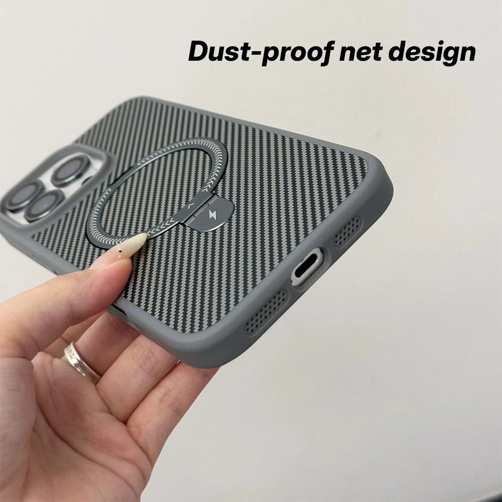 Carbon Fiber Texture For Magsafe Magnetic Bracket Phone Case For iPhone 17 11 12 13 14 15 16 Pro Max Glass Lens Protector Cover view 6