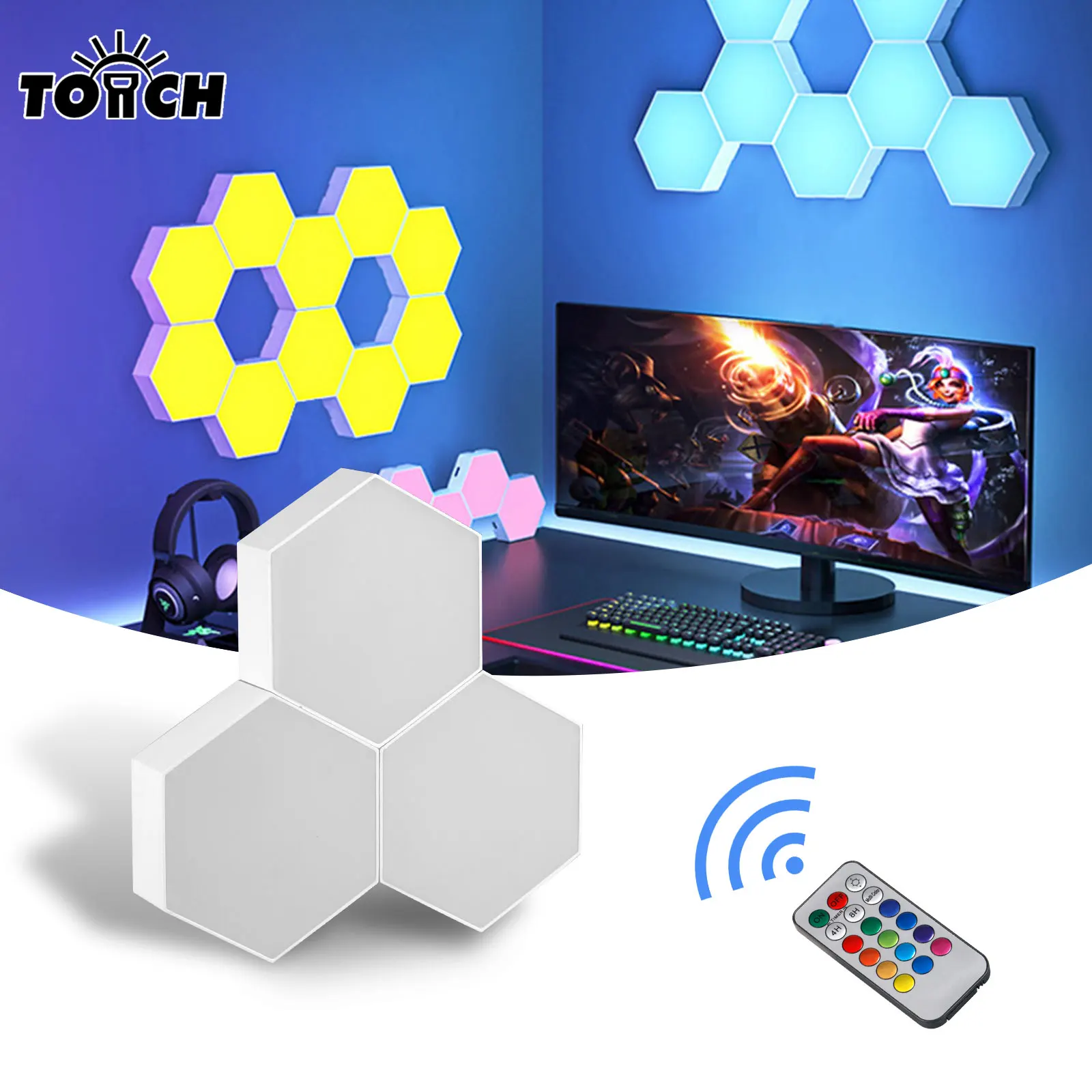 Remote Control Hexagonal Wall Colorful Light Creative Geometry Assembly LED Night Light for Iiving Room Bedroom DIY Decoration