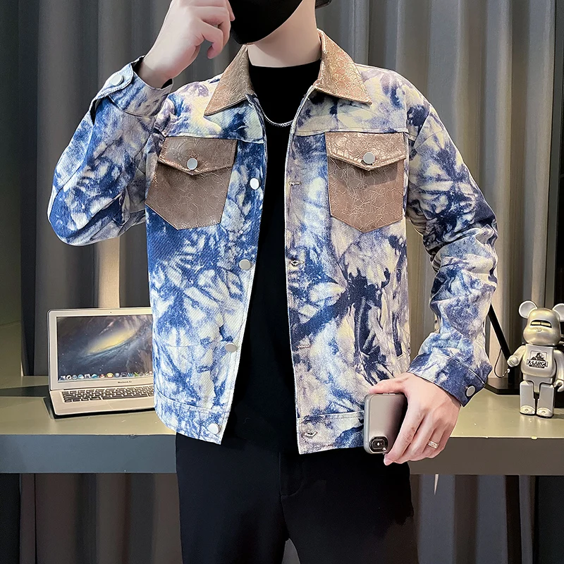 Korean Autumn Tie Dye Spliced Men's Jackets Fashion Handsome Casual Workwear Jacket Social Streetwear Windbreaker Coat