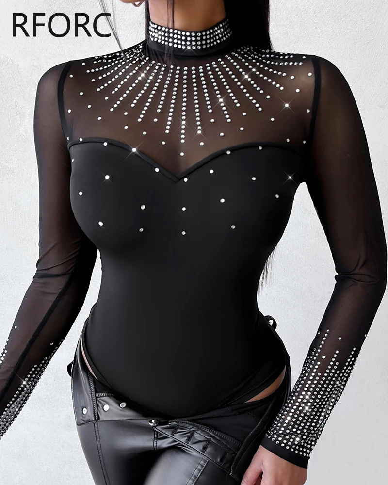 2023 Women Sexy Solid Long Sleeves Contrast Mesh Patch Rhinestone Decor Bodysuits