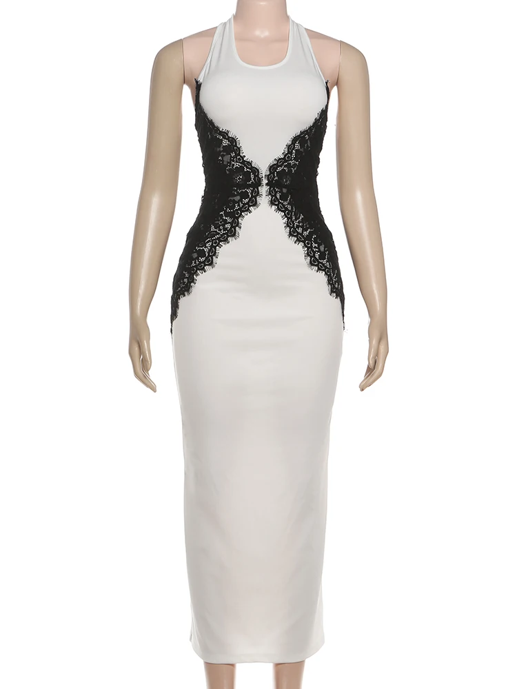 Kliou dentelle Patchwork longues robes femme licou col rond épaules nues dos nu Robe minuit bal fête élégant maigre robes