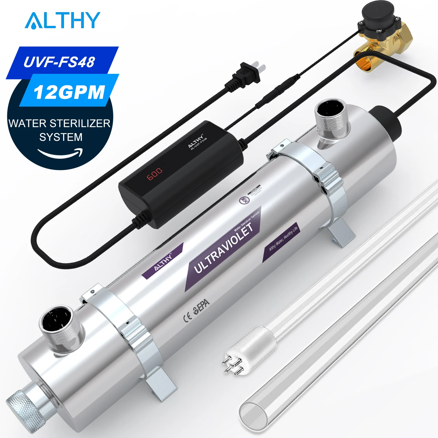 ALTHY-Système de Stérilisation à Ultraviolets pour Toute la Maison, Filtre Purificateur, Joli de Contrôle de Débit Intelligent, Acier Inoxydable, 12GPM