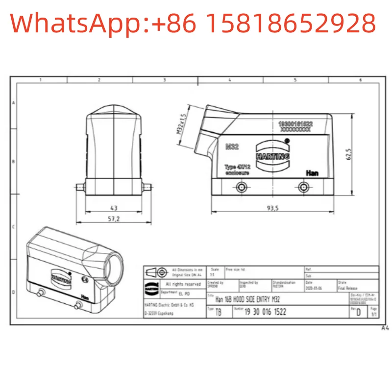1pcs 19300161522 harting HAN 16B HAN 16B-HSE-M32 Original Genuine Product