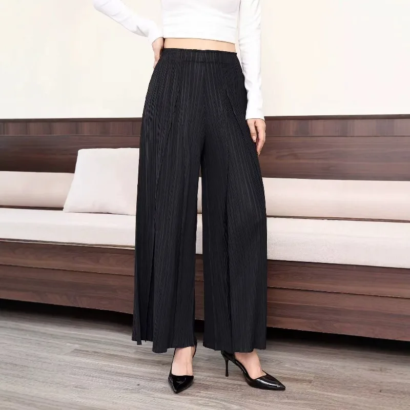 Miyake Pleated 2026 Autumn Wide-Leg Pants for Women Stylish Patchwork High-Waist Pleated Elastic Draped Plus Size Casual Pants