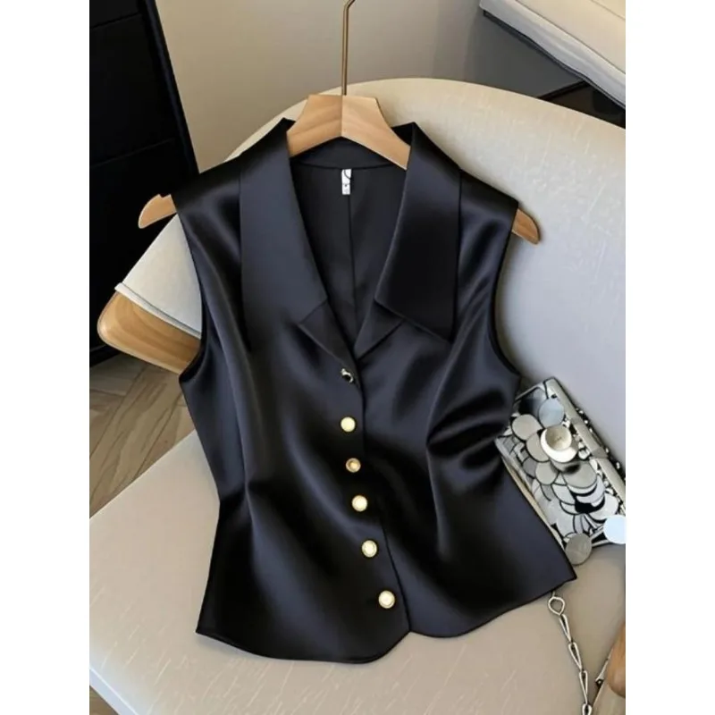 

2025 New Summer Style French Style V-neck Sleeveless Satin Vest for Women