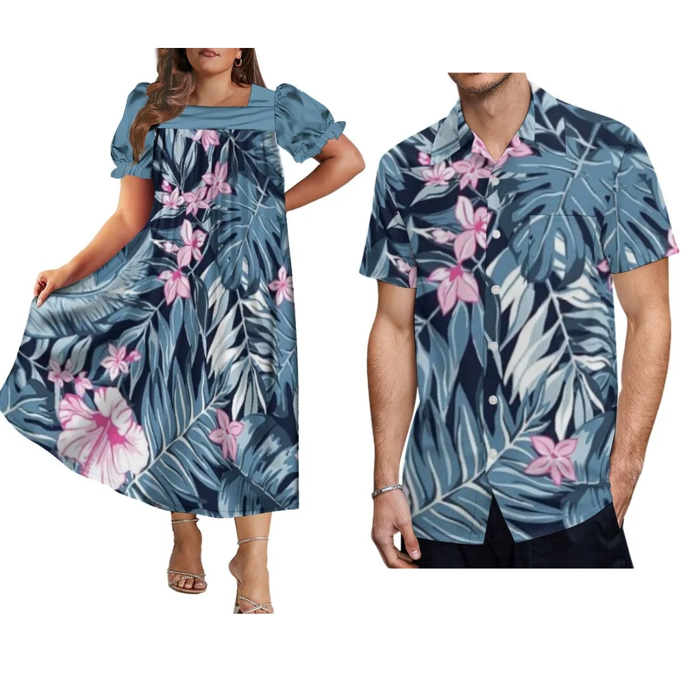 Wysokiej jakości, modna sukienka mumu z kwiatowym nadrukiem, damska sukienka z kwadratowym dekoltem, męska koszula zapinana na guziki, zestawy dla par na imprezy świąteczne.