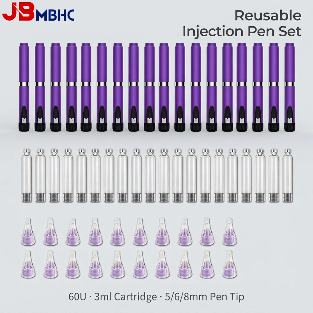 20PCS 1-60U Injection Pens with 5/6/8mm Pen Tip & 3ml Cartridge, Reusable Peptide Pen Injector, 3cc Empty Cartridges & Pen Tips