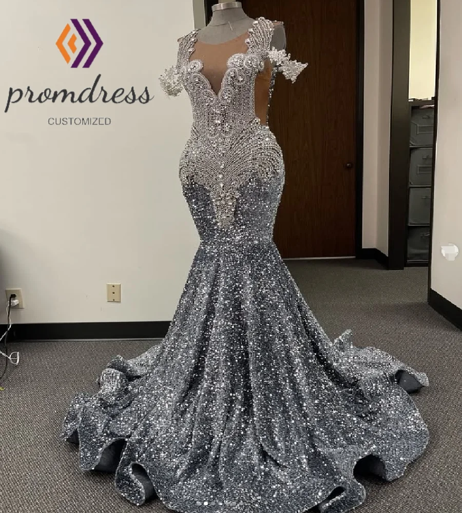 

Statement-making Gray Sequin Evening Dress For Black Women Plus Size Mermaid Prom Dress With Diamond Luxury Birthday Customized