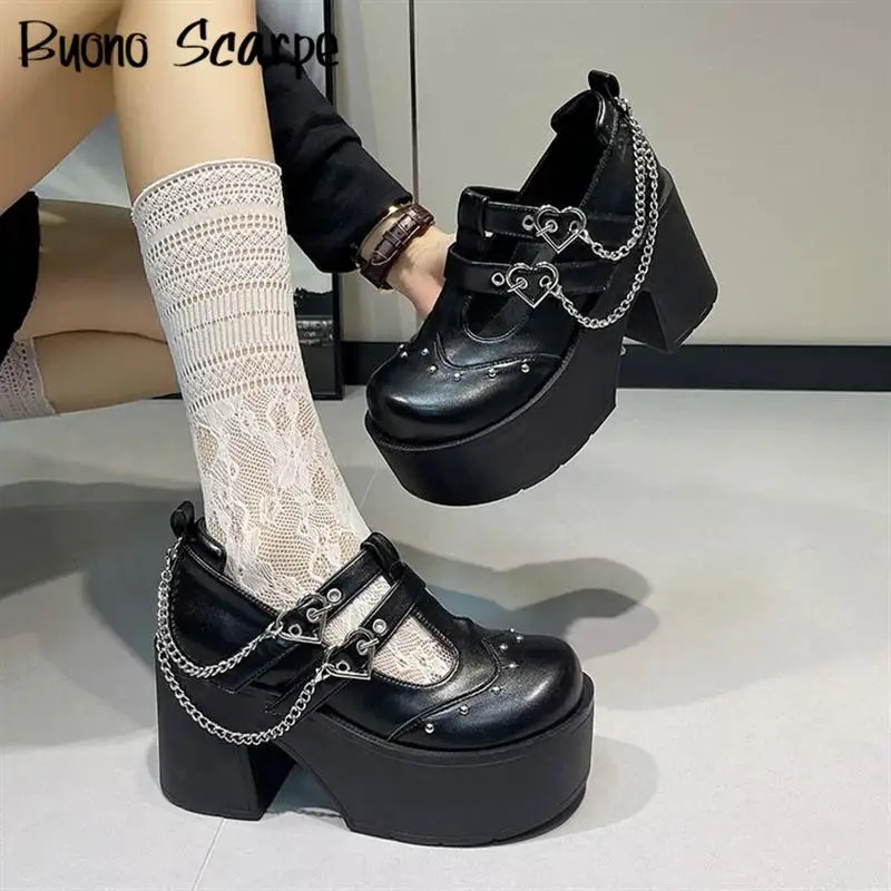 

Punk Style Metal Decoration Chain Round Toe Thick Sole Platform Chunky Heels Women Pumps Buckle Fashion Western Party Y2K Shoes