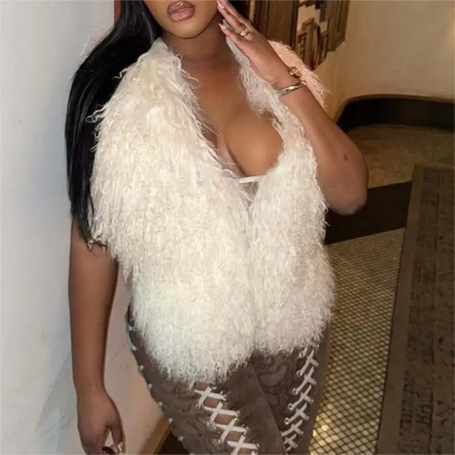 Real Mongolian Fur Vest White Black Fluffy Fashion Sexy Luxury V-Neck Backless Sleeveless Jacket Top Outerwear Coat 2025