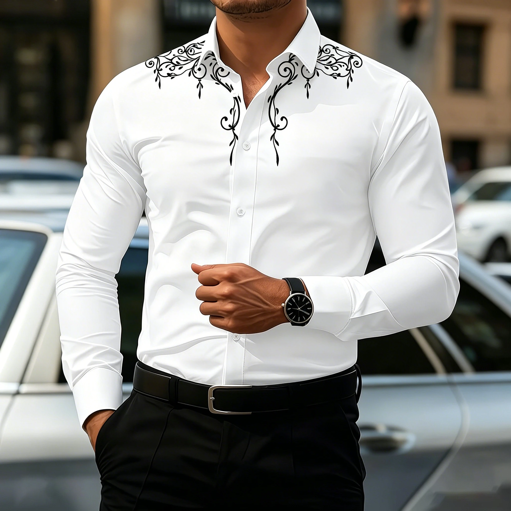 Men's Slim-Fit Long-Sleeved Shirt with a Retro Black Vine Print Collar; a Sophisticated and Elegant Business/Banquet Top.